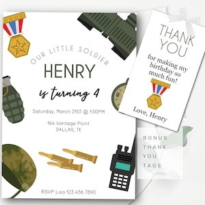 Invitation de l'armée modifiable Invitation d'anniversaire de l'armée Invitation militaire Invitation de fête d'anniversaire de l'armée Thème d'anniversaire militaire Étiquettes-cadeau de l'armée