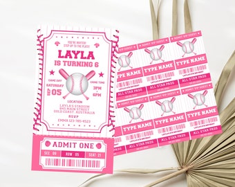 Faire-part d'anniversaire rose + badges d'identification assortis Faire-part de baseball rose pour filles Faire-part d'anniversaire pour filles softball TÉLÉCHARGEMENT IMMÉDIAT