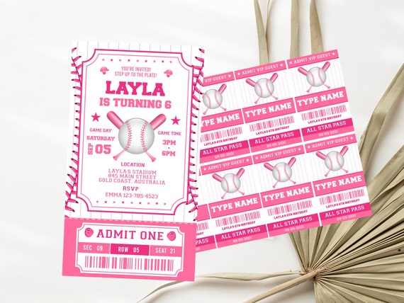Pink Birthday Baseball Invitation + Matching ID Badges Girls Pink Baseball Invitation Girls Softball Birthday Invitation INSTANT DOWNLOAD