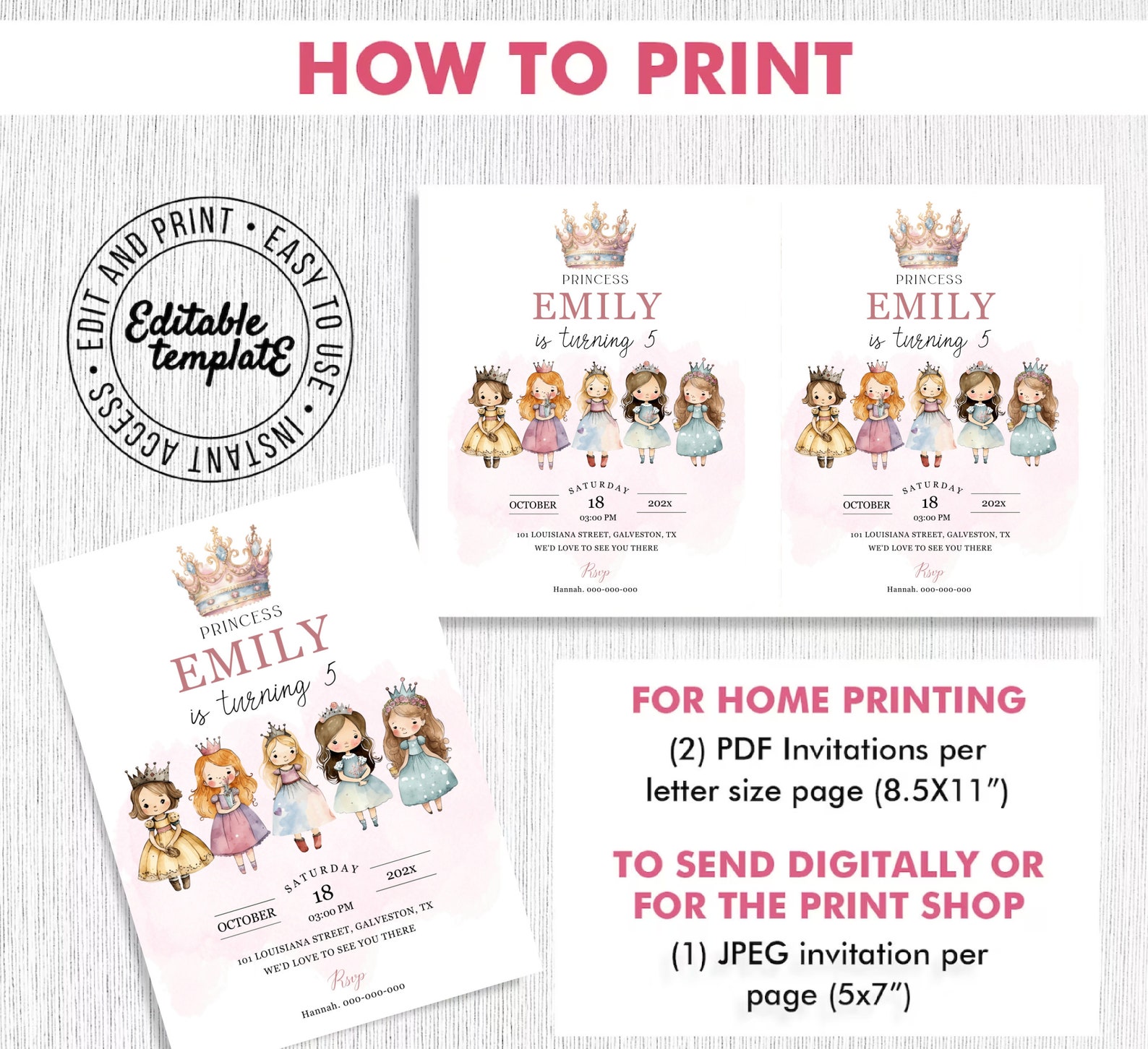 Editable Princess Invitation Template Princess Party Invitation ...