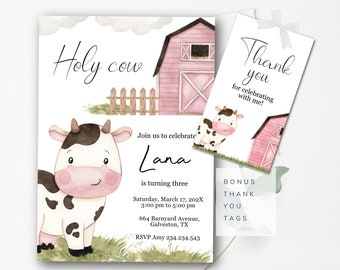 Farm Birthday Invitation Editable Template + Bonus Tags Holy Cow Party Invite Ranch Kids Birthday Barnyard Cow Invite Instant Download SF1