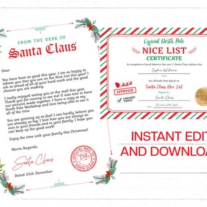 Lettera modificabile del certificato dell'elenco di Babbo Natale e Nizza da modificare e scaricare immediatamente. Scheda della lista di Babbo Natale con lettera ufficiale di Babbo Natale timbrata