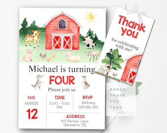 Farm Birthday Invitation Editable Template + Bonus Tags Farm Party Invite Farmyard Birthday Barnyard Animals Invite Instant Download