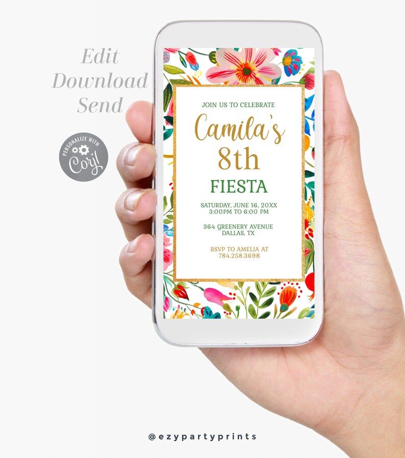 Puede incluir: Una invitaci&oacute;n digital para una fiesta de cumplea&ntilde;os con un dise&ntilde;o floral. La invitaci&oacute;n dice "&Uacute;nete a nosotros para celebrar el octavo cumplea&ntilde;os de Camila" con la fecha y hora de la fiesta, la direcci&oacute;n y la informaci&oacute;n de RSVP.