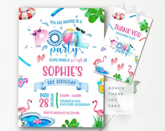 May include: Pool party invitation with a blue and white striped pool float, a pink and white beach ball, and a flamingo. The invitation says "You are invited to a Pool Party. Come make a splash at Sophie's 3rd Birthday. May 28, 3:00pm - 5:00pm, 478 Beacon Pool, Gold Coast, Queensland. RSVP to Amelia at 565.221.888".