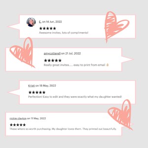 May include: Four customer reviews for a digital product. Each review includes a five-star rating, a customer name, the date of the review, and a comment. The reviews are positive and highlight the ease of use and quality of the product.