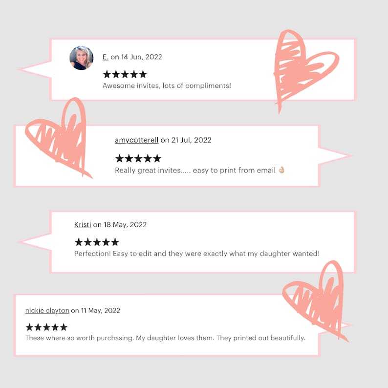 May include: Four customer reviews for a digital product. Each review includes a five-star rating, a customer name, the date of the review, and a comment. The reviews are positive and highlight the ease of use and quality of the product.