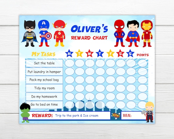 EDITABLE SUPERHERO Chore Chart Reward chart Personalise the name etc and print instantly.Instant Printable reward chart Good Behaviour chart Il_570xn