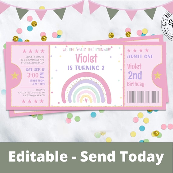 Birthday ticket invitation, Ticket Rainbow Birthday Invitation to edit ...