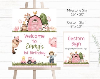 Plantilla de signo de bienvenida de cumpleaños de granja editable Signo personalizado de fiesta de granja Signo de bienvenida personalizable Signo de cumpleaños de granja de niñas editables Rosa