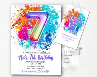 7th Birthday Invitation Painting Birthday Editable Invitation Bright Colors Invitation Instant Download Painting Party Invitation PS