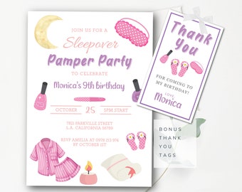 Pamper Party Invitation Template Spa Birthday Party Invitation Editable Spa Pink Makeup Party Sleepover Pamper Beauty Party Thank You Tags