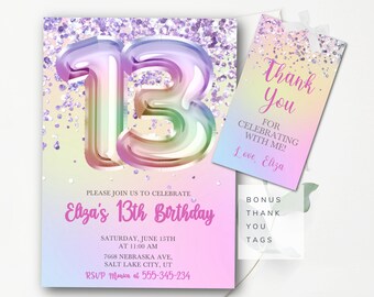 May include: A pink and purple birthday invitation with a rainbow-colored number 13. The invitation says "Please join us to celebrate Elaza's 13th Birthday" and includes the date, time, and location of the party. It also includes a thank you tag that says "Thank You for celebrating with me! Love, Eliza".