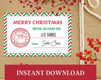 May include: A Christmas gift tag with a red and green border, featuring the text "Merry Christmas" and "Special Delivery For Leo Harris From: Santa Claus." A red banner at the bottom reads "Instant Download."