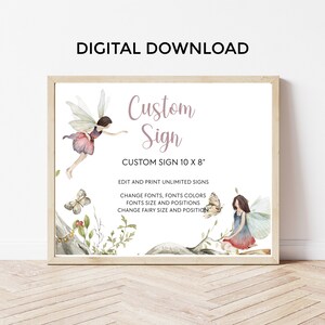 Puede incluir: Un letrero digital descargable enmarcado con el texto "Custom Sign" y "Custom Sign 25 x 20 cm". El letrero presenta ilustraciones de acuarela de hadas, mariposas y follaje. El letrero está en un marco de madera clara.