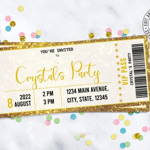 Bearbeitbare Gold Geburtstagseinladung Goldene Ticket-Einladung Golden Glitter Ticket-Einladung Gold Hollywood Ticket Einladung Hollywood Party