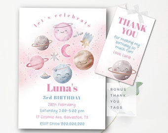 Pink Outer Space Party Invitation Girls Outer Space Birthday Invitation Template Editable Girl Planets Invitation Template