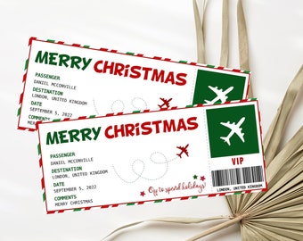 May include: Two Christmas-themed travel tickets with the text "MERRY CHRISTMAS" in red. The tickets feature a green and white airplane graphic, a dotted flight path, and the text "Off to spend holidays!"