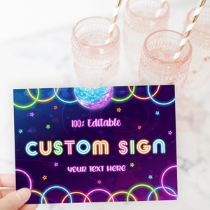 May include: A customizable sign with a neon disco ball and colorful circles on a dark purple background. The text on the sign reads "100% Editable CUSTOM SIGN YOUR TEXT HERE".