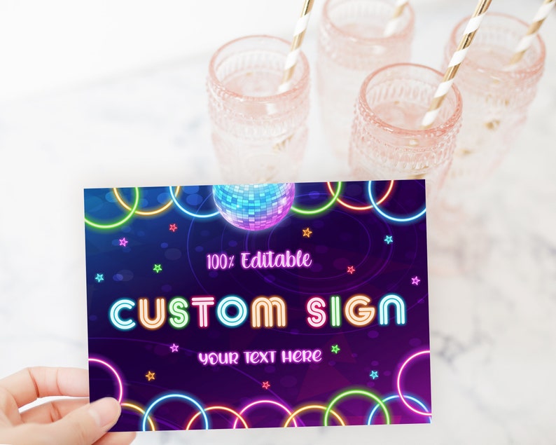 May include: A customizable sign with a neon disco ball and colorful circles on a dark purple background. The text on the sign reads "100% Editable CUSTOM SIGN YOUR TEXT HERE".