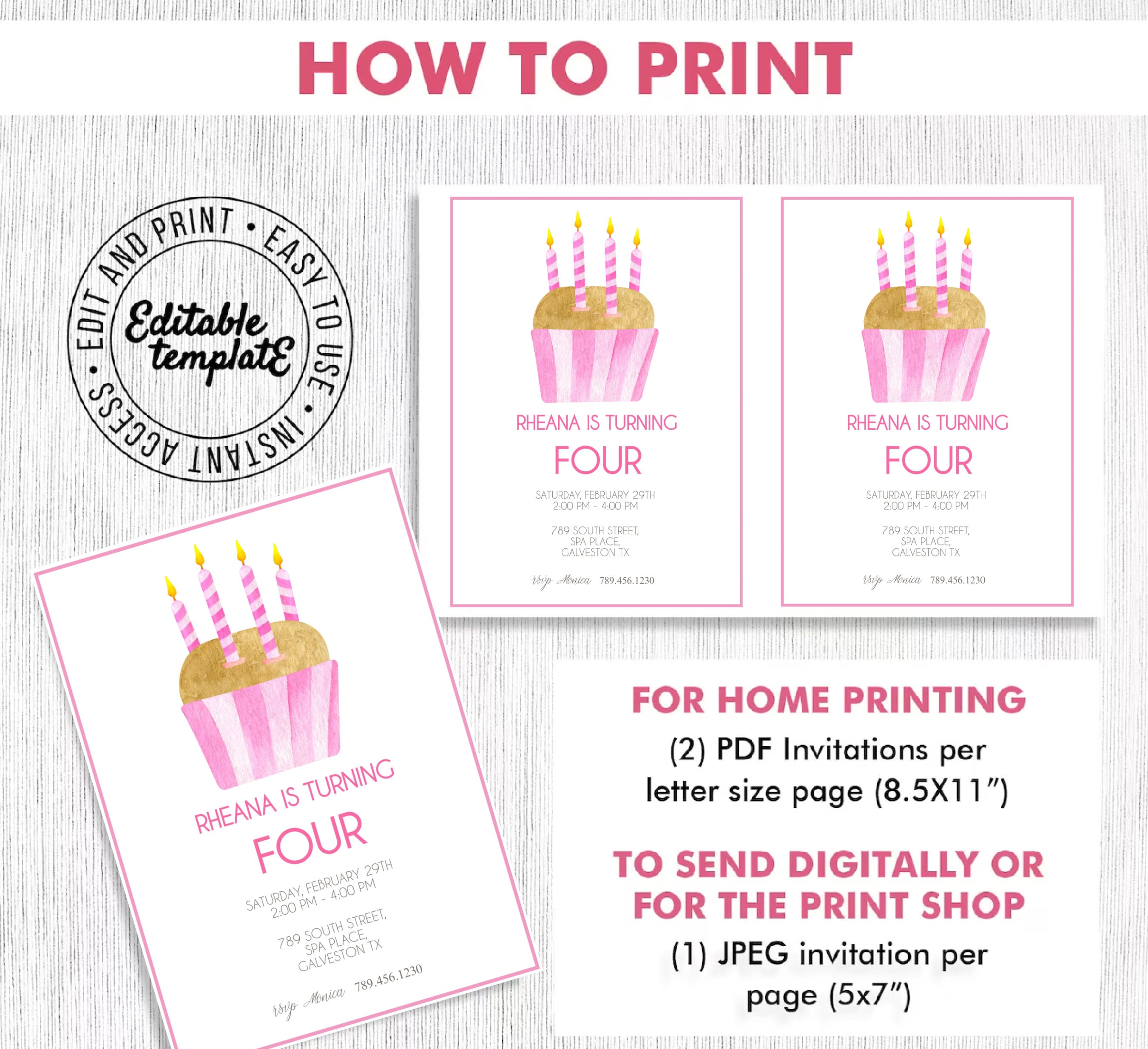 4th Birthday Invitation Template Editable Pink Cupcake Fourth Birthday  Invitation Editable Girls Invitation Instant Edit Template CC1 - Etsy, image size:2700x2468