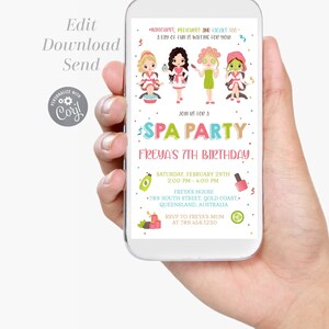 May include: A pink and blue spa party invitation with a cartoon illustration of girls getting facials and manicures. The invitation includes the text "Join us for a Spa Party Freya's 7th Birthday." and details about the party, including the date, time, and location.