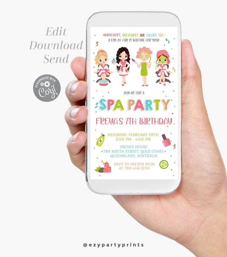 May include: A pink and blue spa party invitation with a cartoon illustration of girls getting facials and manicures. The invitation includes the text "Join us for a Spa Party Freya's 7th Birthday." and details about the party, including the date, time, and location.