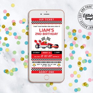 May include: A red and white VIP ticket invitation for a 2nd birthday party with a red race car graphic. The text reads "Liam's 2nd Birthday" and includes the date, time, and location of the party.