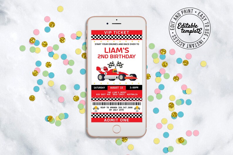 May include: A red and white VIP ticket invitation for a 2nd birthday party with a red race car graphic. The text reads "Liam's 2nd Birthday" and includes the date, time, and location of the party.