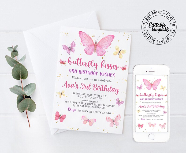 May include: A pink and purple butterfly birthday invitation with gold glitter accents. The invitation reads "butterfly kisses and birthday wishes" and includes the text "Ava's 3rd Birthday". The invitation includes the date, time, and location of the party.