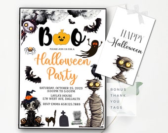 May include: A Halloween party invitation with a black border, featuring cartoon illustrations of bats, ghosts, spiders, and a mummy. The invitation includes the text "BOO" and "Halloween Party", along with event details and "Happy Halloween" tags.