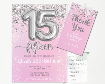 15th Birthday Invitation Template Girls Birthday Pink Invitation Editable Birthday Silver Glitter Teenager Invitation Instant Download SG1
