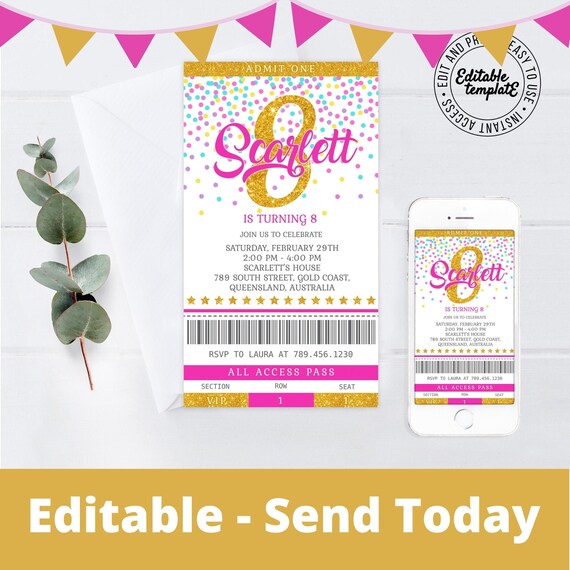Confetti invitation, Girls party birthday ticket Invitation that you can personalise, download and print or send as a text, ticket invite Il_570xn