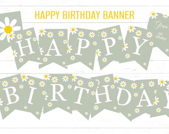 Editable Daisy Birthday Banner for instant editing and printing, Daisy Party Bunting, Instant Download Olive Daisy Birthday Banner G9