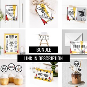 K&ouml;nnte beinhalten: Ein druckbares Party-Paket f&uuml;r eine Rock'n'Roll-Geburtstagsparty. Das Paket beinhaltet Einladungen, Dankeskarten, Essensschilder, Cupcake-Topper und ein Banner. Das Design zeigt einen schwarz-wei&szlig;en Totenkopf mit Kopfh&ouml;rern, eine Gitarre und ein Rock'n'Roll-Logo.