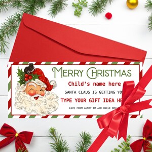 Carte-cadeau de Noël Modèle de billet cadeau surprise Père Noël Bon cadeau de Noël à éditer Télécharger et imprimer Bon cadeau de Noël