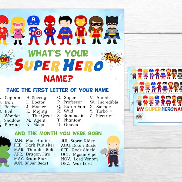 What is your Superhero Name game. Instant download, Instant Printable party game. Super hero birthday party game, Superheroes printable SHP8