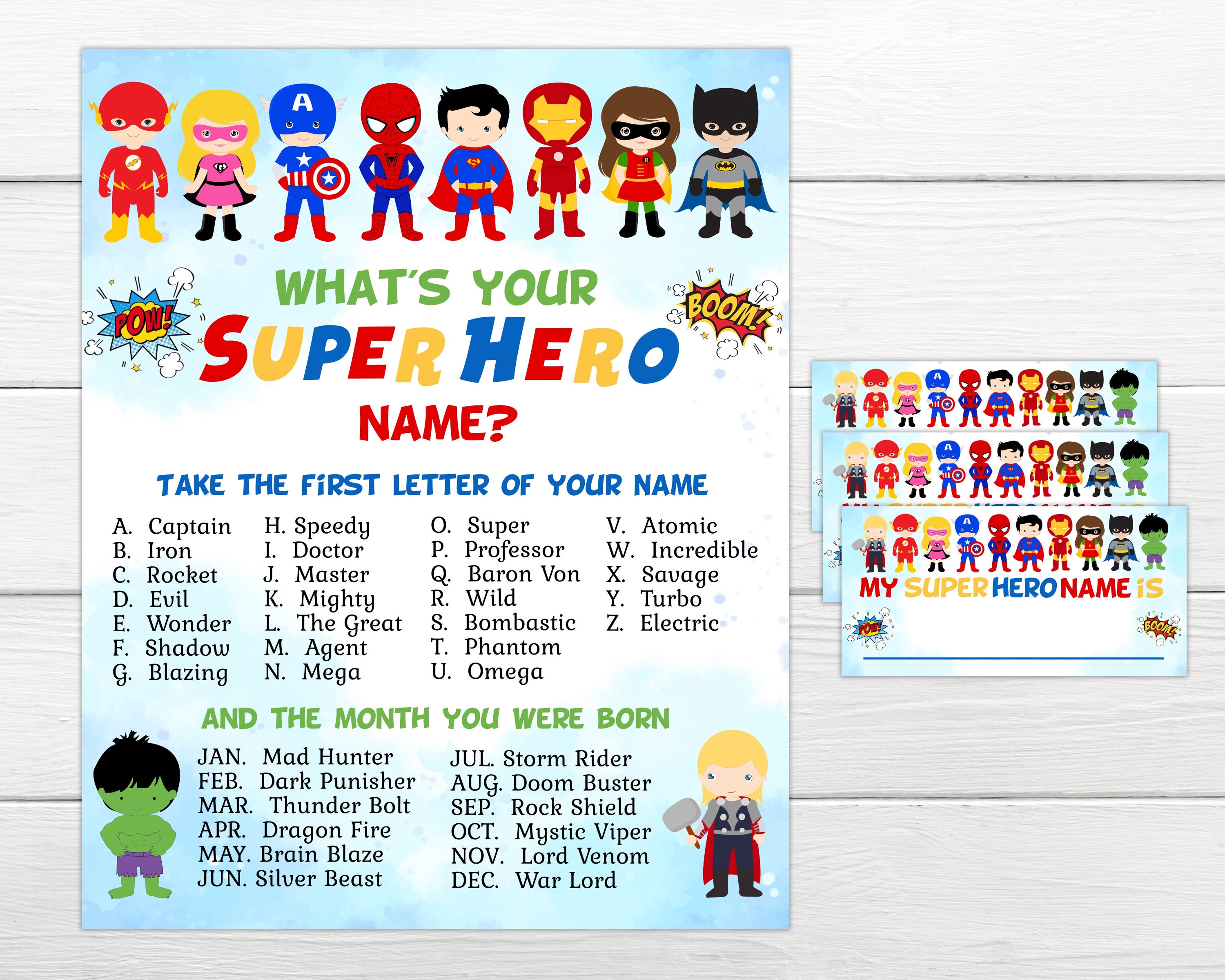  What's Your Superhero Name Game (1 Superhero Theme Sign and 30  Name Tag Stickers), Superhero Game Party Decoration, Birthday Game for  Kids, Family Game-14 : Movies & TV