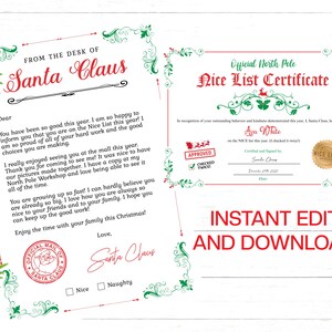 Lettera di Babbo Natale con bella lista Certificato Lettera di Babbo Natale personalizzata Modello di lettera di cancelleria di Babbo Natale Download immediato