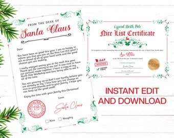 Puede incluir: Una descarga digital con temática navideña que presenta una carta de Papá Noel y un certificado de la Lista de Buenos. La carta está adornada con bordes decorativos y el texto "FROM THE DESK OF Santa Claus". El certificado está personalizado con un nombre y una fecha.