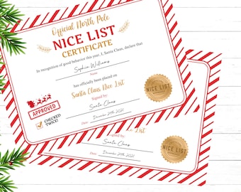 Instant Download Editable NICE LIST Certificate from Santa Instant Print Santa's Nice List Nice List Certificate from Santa