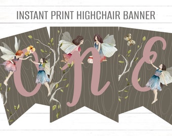 Fairies birthday High Chair Banner, Birthday Decoration Fairies Birthday, Woodland First Birthday Party, Woodland Fairies Chair Banner EF