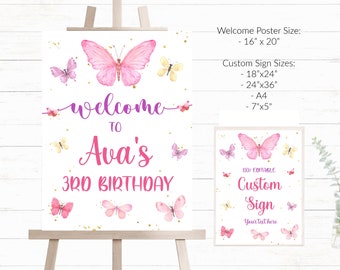 May include: A printable welcome sign for a 3rd birthday party with a butterfly theme. The sign is white with pink and purple butterflies and gold glitter. The text on the sign reads "Welcome to Ava's 3rd Birthday".