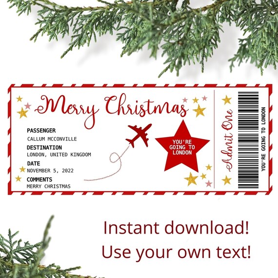Editable Christmas ticket, Christmas boarding pass template to edit, download and print instantly. Gift travel ticket, gift pass template Il_570xn