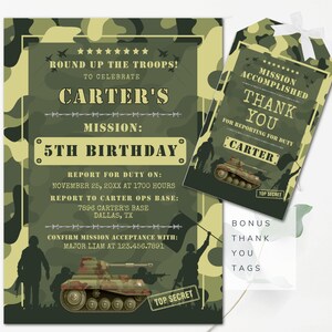 Modèle modifiable d'invitation d'anniversaire de l'armée avec badges d'identification