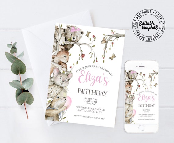 Editable Woodland Forest Animals Invitation, Girl's Woodland Invitation, Editable woodland animals invitation, Instant download, bear Il_570xn