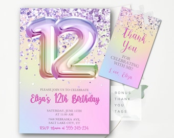 May include: A pink and purple birthday invitation with a rainbow-colored number 12 balloon. The invitation says "Please join us to celebrate Elaza's 12th Birthday" and includes the date, time, and location of the party. It also includes a thank you tag that says "Thank You for celebrating with me! Love, Eliza".