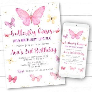 May include: A pink and white birthday invitation with a butterfly theme. The invitation features a large pink butterfly with gold glitter accents. The text on the invitation reads "butterfly kisses and birthday wishes" and "Ava's 3rd Birthday".