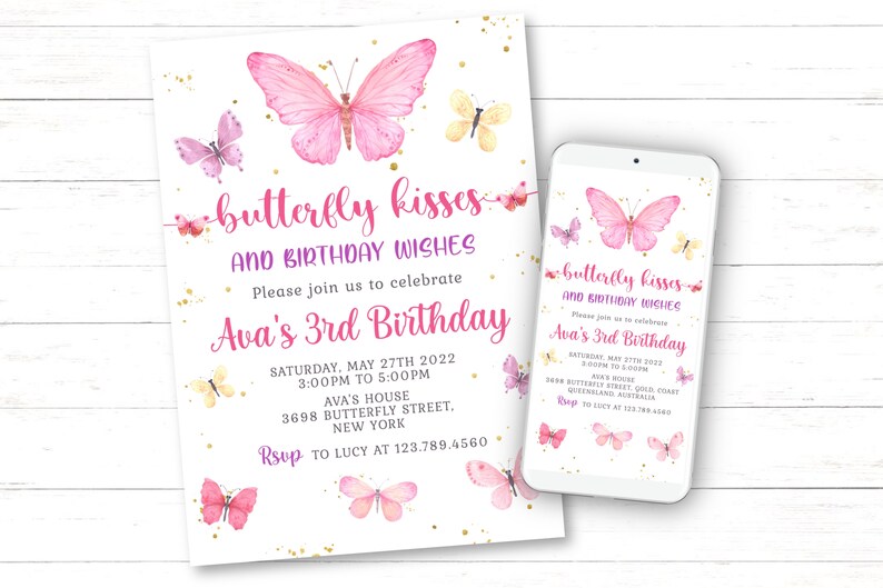 May include: A pink and white birthday invitation with a butterfly theme. The invitation features a large pink butterfly with gold glitter accents. The text on the invitation reads "butterfly kisses and birthday wishes" and "Ava's 3rd Birthday".
