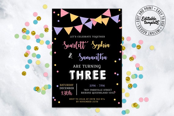 Editable triplets birthday invitation, Triplets party Invitation you can edit yourself, Birthday invitation for triplets, shared invite Il_570xn